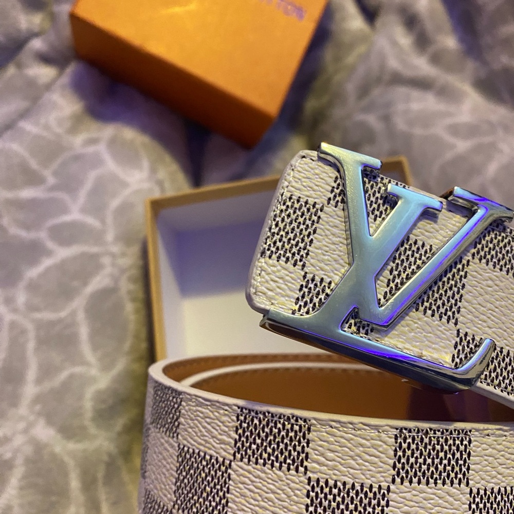 Louis Vuitton White and Black Checkered Belt with Silver LV Buckle